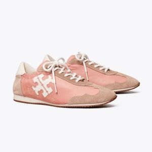 Authentic Tory Burch Pink Vintage Doublet Trainer Sneakers with Leather Details